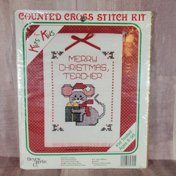 NEW Merry Christmas Teacher Counted Cross Stitch Kids Kit New Berlin Co Mouse - Picture 1 of 3